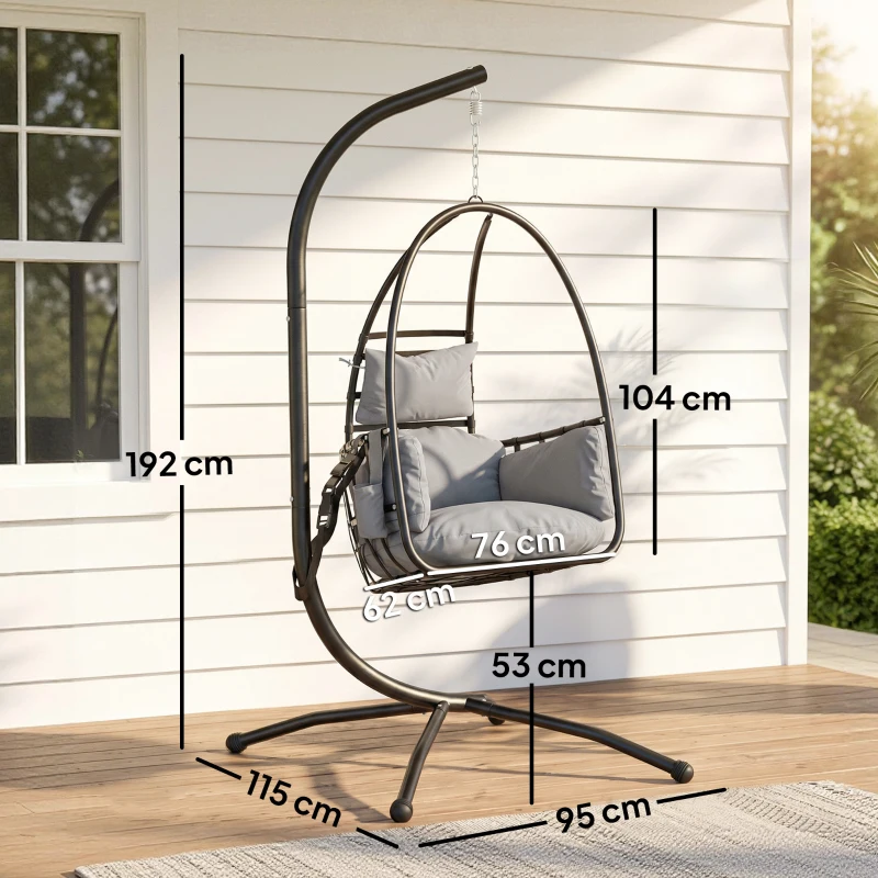 Outsunny Hängesessel im Ei-Design mit Gestell Klappbarer Korb Kopfstütze Kissen Seitentasche Belastbarkeit 120 kg Dunkelgrau