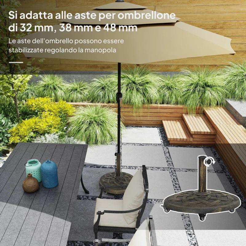 Outsunny Base per Ombrellone in Resina da 20 kg Rotonda con Ruote e Freni, Bronzo