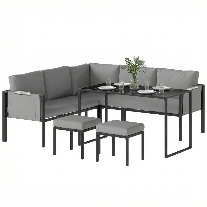 Outsunny Conjunto de Jardim Sofá de Canto Exterior 6 Peças Almofadas 10 cm Mesa Alta e 2 Pufes Cinza