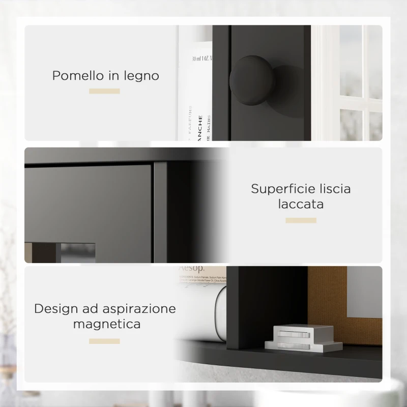 HOMCOM Specchiera Bagno con 6 Ripiani Aperti e 2 Chiusi, in Legno e Vetro, 66x17x63 cm, Nero