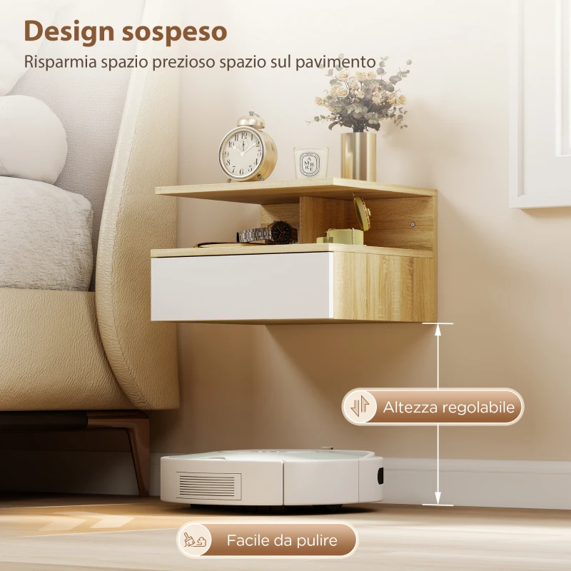 HOMCOM Set di 2 Comodini Sospesi con Cassetto e Mensola Aperta, 35x32x22.5 cm, Bianco e Rovere