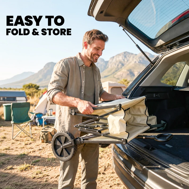 Outsunny 95L Foldable Festival Trolley on Wheels, Collapsible Wagon Cart with Adjustable Handle and 2 Cup Holders, Khaki