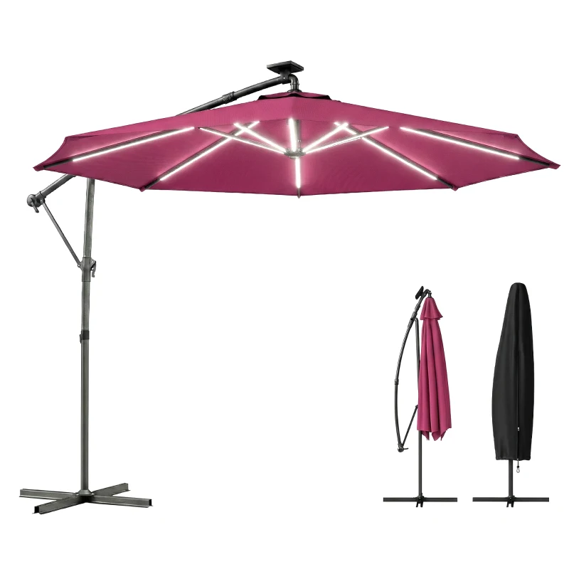 Outsunny 3 m Garden Cantilever Parasol with LED Solar Light, Round Overhanging Umbrella with 360° Rotation, Cover, Wine Red