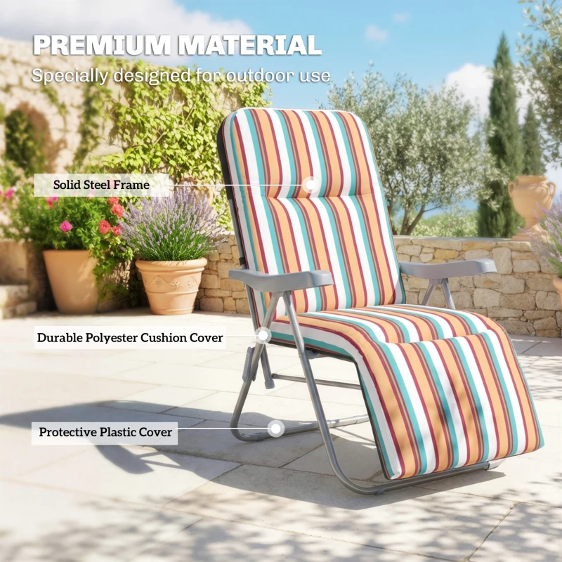 Outsunny Set of 2 Foldable Patio Sun Lounger with Adjustable Backrest and Cushion, Multicoloured