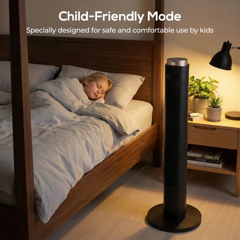 HOMCOM Tower Fan with WiFi App Control, Standing Floor Fan with 3 Speed 4 Modes, 12 Hour Timer and Night Light Black