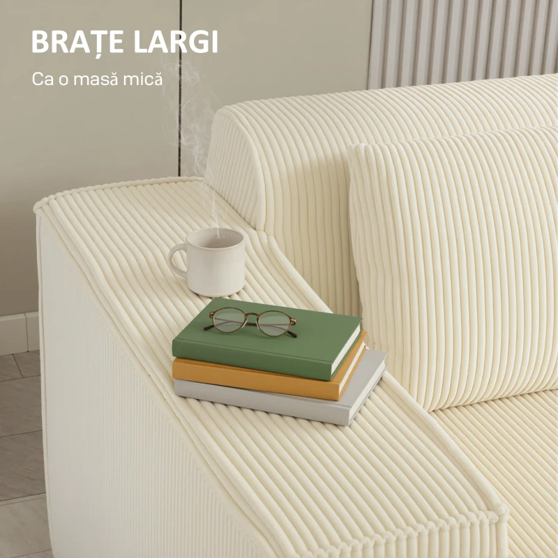 HOMCOM Canapea 3 Locuri Extra Adâncă 65 cm, Canapea Modulară Fără Cadru cu Perne Groase, Cotiere Largi și 2 Perne, Design Modern din Catifea cu Nervuri pentru Sufragerie, Bej