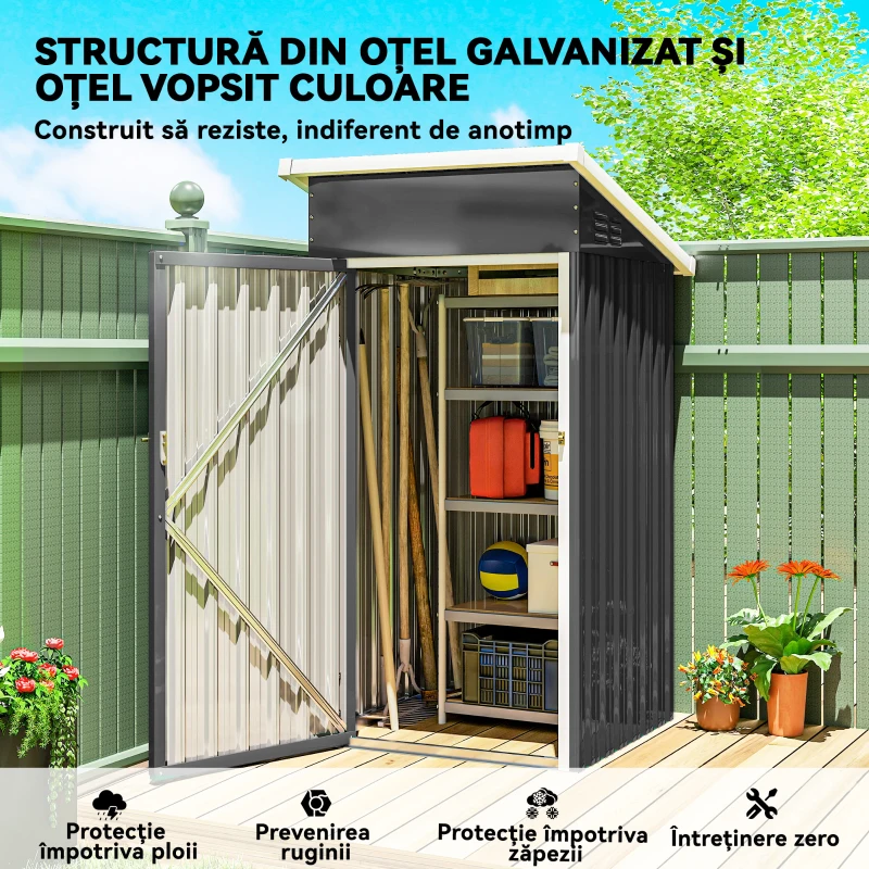 Outsunny Magazie de Grădină 0,74m² din Oțel Galvanizat cu Guri de Aerisire, Magazie cu Ușă Blocabilă, Acoperiș Înclinat, Mănuși, Depozitare Unelte, 107,5x91x185 cm, Gri Închis