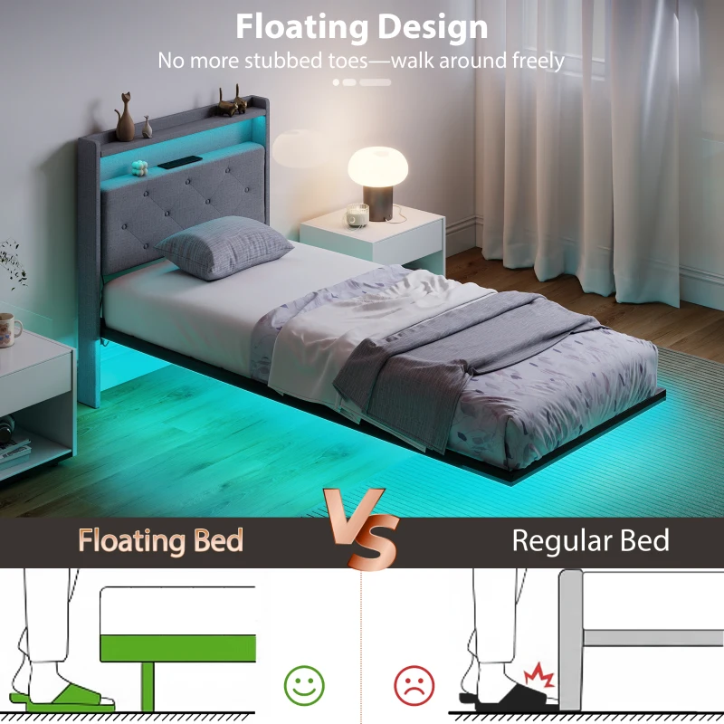 HOMCOM Floating Bed Frame, Upholstered 3ft Single Size Bed, Platform Bed with RGB LED Lights and Charging Station, Grey