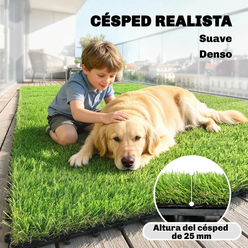 Outsunny Césped Sintético de 22 Piezas Alfombra Césped Artificial 30x30 cm con Altura de Hierba 25 mm Drenaje Automático Verde