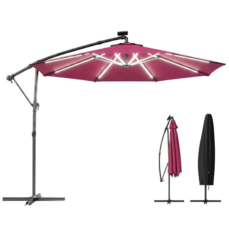 Outsunny 3 m Garden Cantilever Parasol with LED Solar Light, Round Overhanging Umbrella with 360° Rotation, Cover, Wine Red