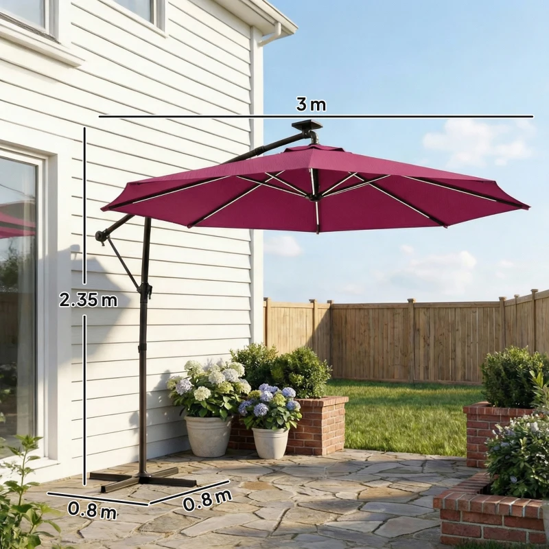 Outsunny 3 m Garden Cantilever Parasol with LED Solar Light, Round Overhanging Umbrella with 360° Rotation, Cover, Wine Red