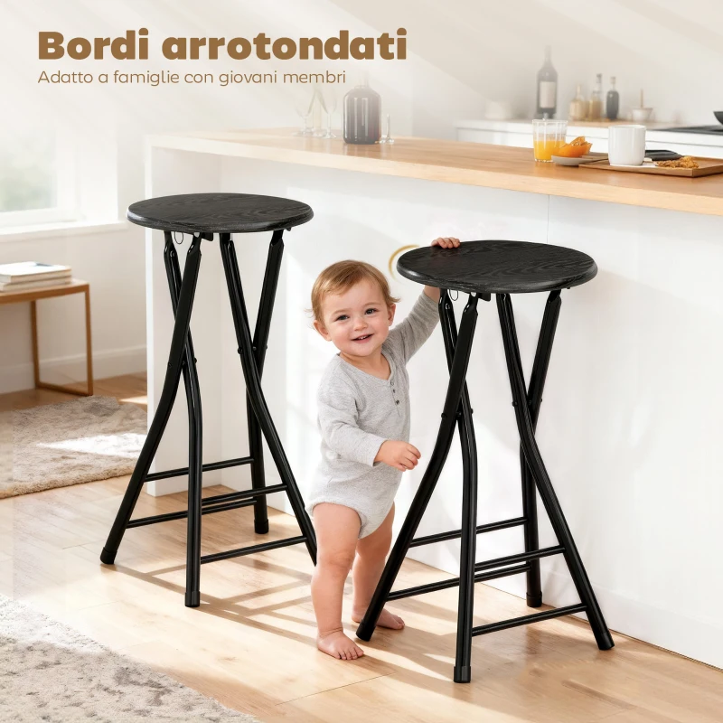 HOMCOM Set 4 Sgabelli Bar Pieghevoli con Doppio Poggiapiedi, in Legno e Acciaio, 34x30x70 cm, Nero