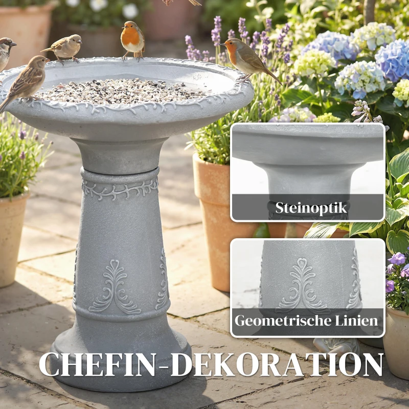 Outsunny Vogelbad van hars voor buiten, rond vogelbad 51 cm met steenlook, vrijstaand voeder- en drinkstation voor vogels, Grijs