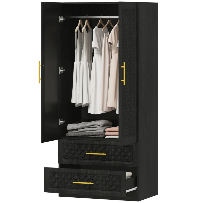 HOMCOM Roupeiro com Espelho 2 Portas e 2 Gavetas Relevo de Diamante Barra para Pendurar Estilo Moderno 80x50x180 cm Preto