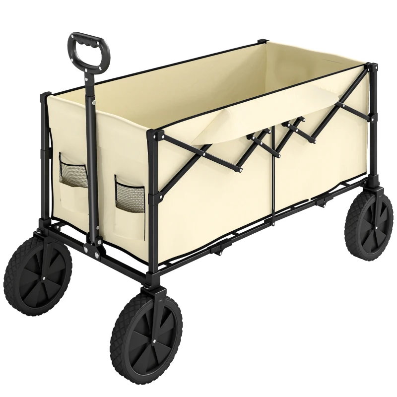 Outsunny 95L Foldable Festival Trolley on Wheels, Collapsible Wagon Cart with Adjustable Handle and 2 Cup Holders, Khaki