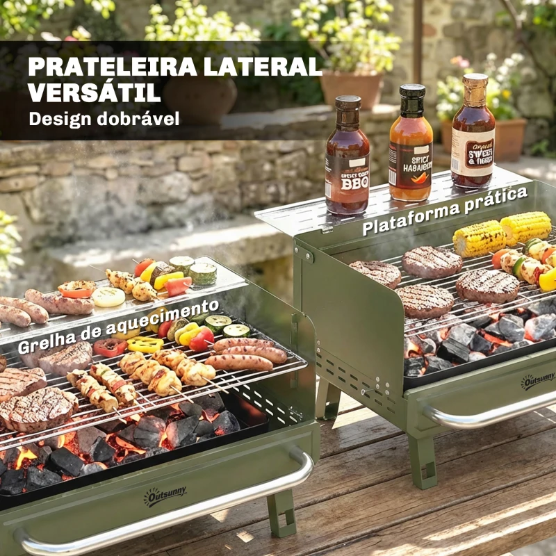 Outsunny Churrasqueira a Carvão Dobrável 52x37x31,8 cm com Grelha Ajustável Prateleira Lateral Dobrável e Bandeja Removível Verde