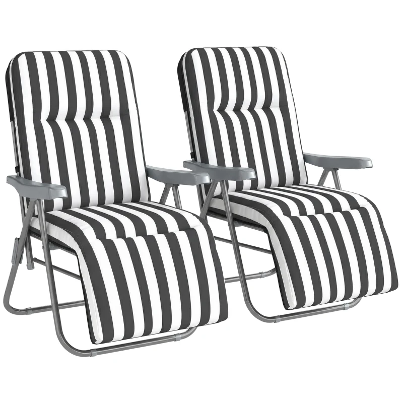 Outsunny Set of 2 Foldable Patio Sun Lounger with Adjustable Backrest and Cushion, Grey and White