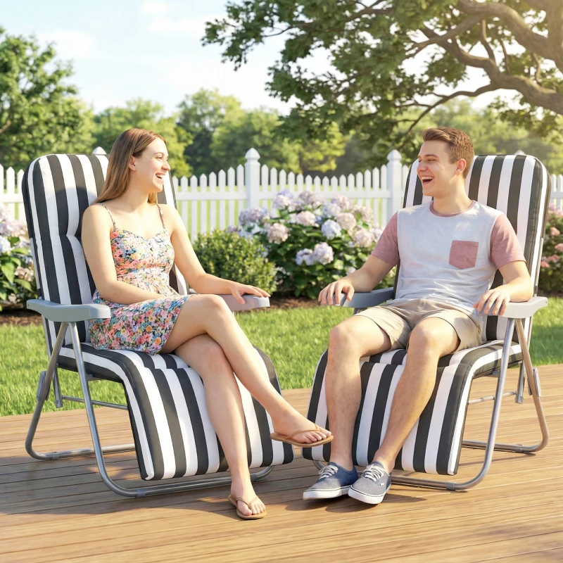 Outsunny Set of 2 Foldable Patio Sun Lounger with Adjustable Backrest and Cushion, Grey and White