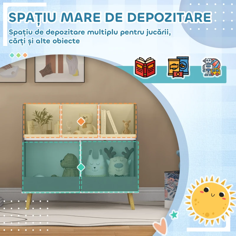 HOMCOM Comodă pentru depozitarea jucăriilor pentru copii cu 2 niveluri și 5 compartimente din lemn, 80x34x79cm, gri