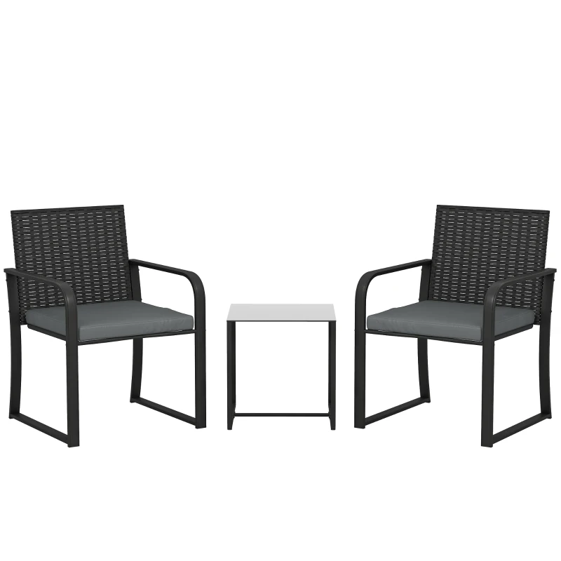 Outsunny Ensemble de meubles de jardin en rotin synthétique avec 2 fauteuils avec coussins et table avec plateau en verre gris