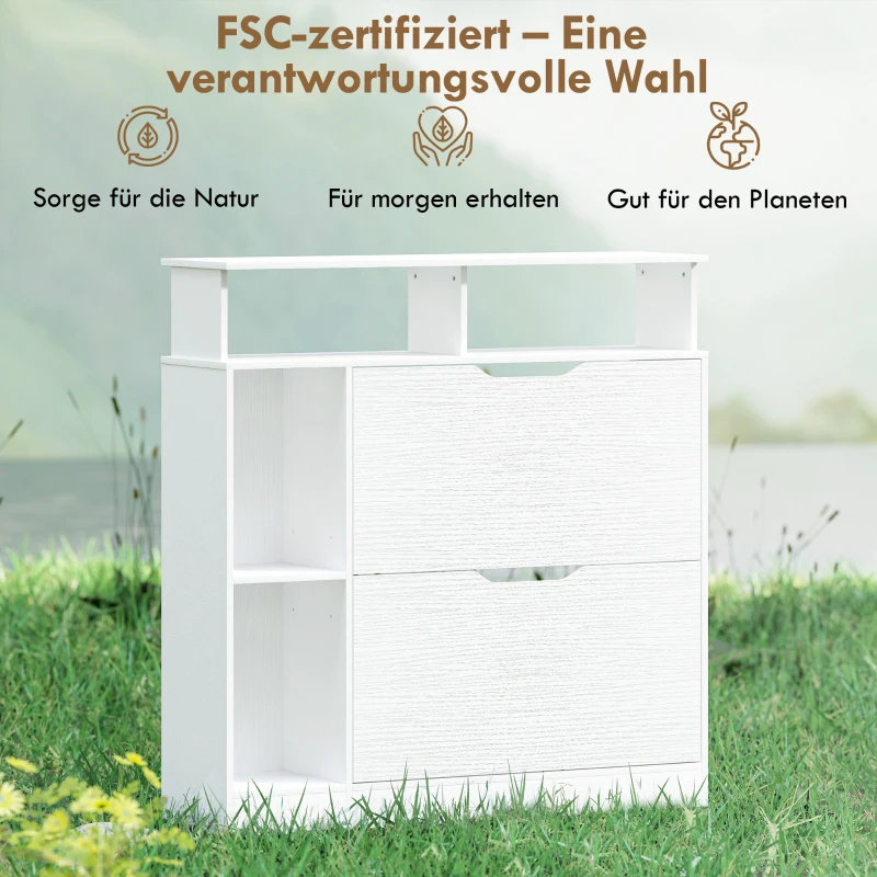 HOMCOM Schuhschrank mit 2 Klappen Schuhkipper mit Verstellbar Trennwand, offenem Fach für 12 Paar Schuhe 89 x 25 x 92 cm Weiß