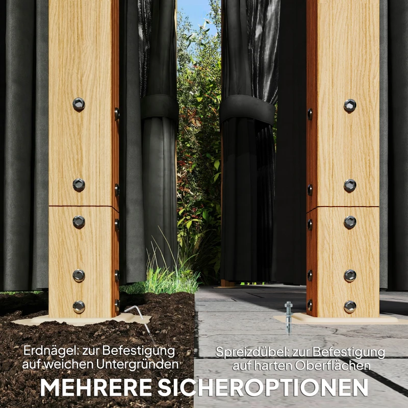 Outsunny Gartenpavillon ca. 4x3m Aluminium Pavillon mit Polycarbonat-Dach 6 mm Moskitonetz 4 Seitenteile Holzoptik Naturholz