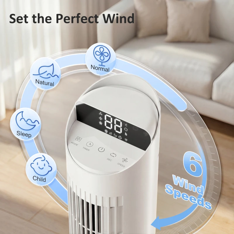 HOMCOM Tower Fan with WiFi App Control Standing Floor Cooling Fan Remote Control 101.8 cm White