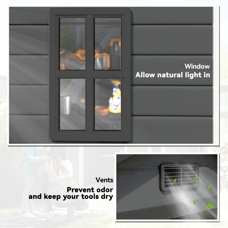 Outsunny 6'x4.5' Garden Storage Shed, Lockable Garden Shed with Double Doors, Window, Vent and Plastic Roof, Dark Grey