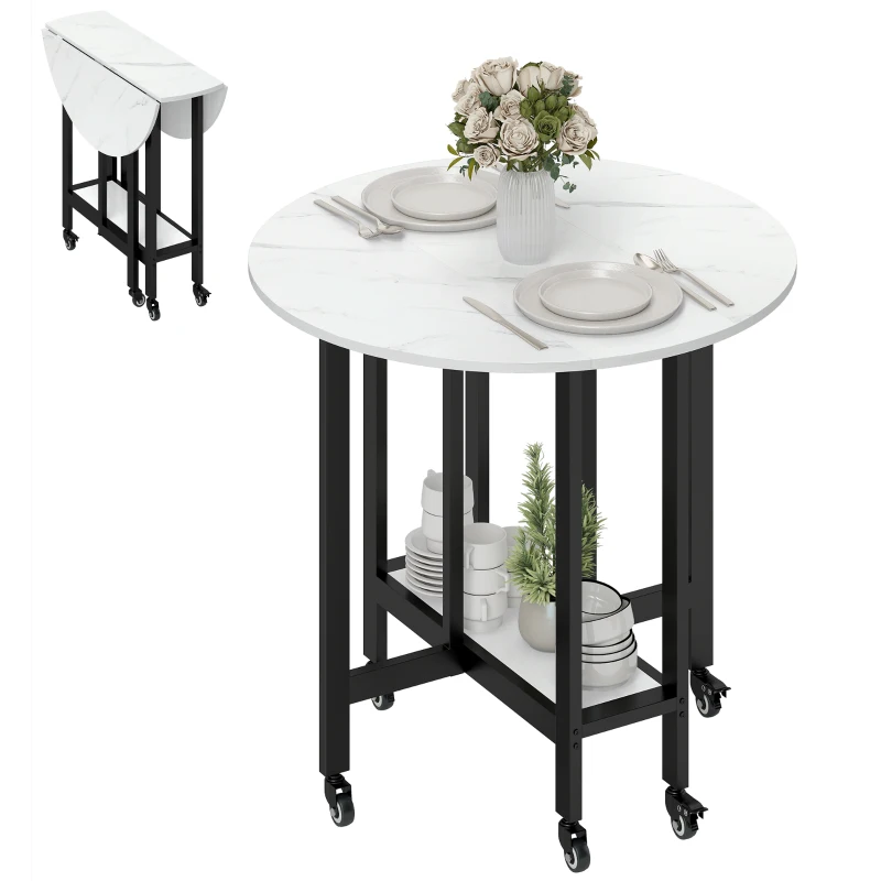 HOMCOM Folding Dining Table, Drop Leaf Table with Open Shelf, Rolling Kitchen Table for Dining Room, Small Spaces, White Marble