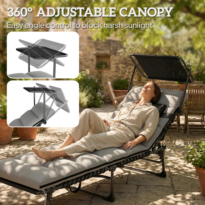 Outsunny Folding Sun Lounger with Canopy, Reclining Sunbed with Cushion, Side Pocket, Carrying Handle, Light Grey