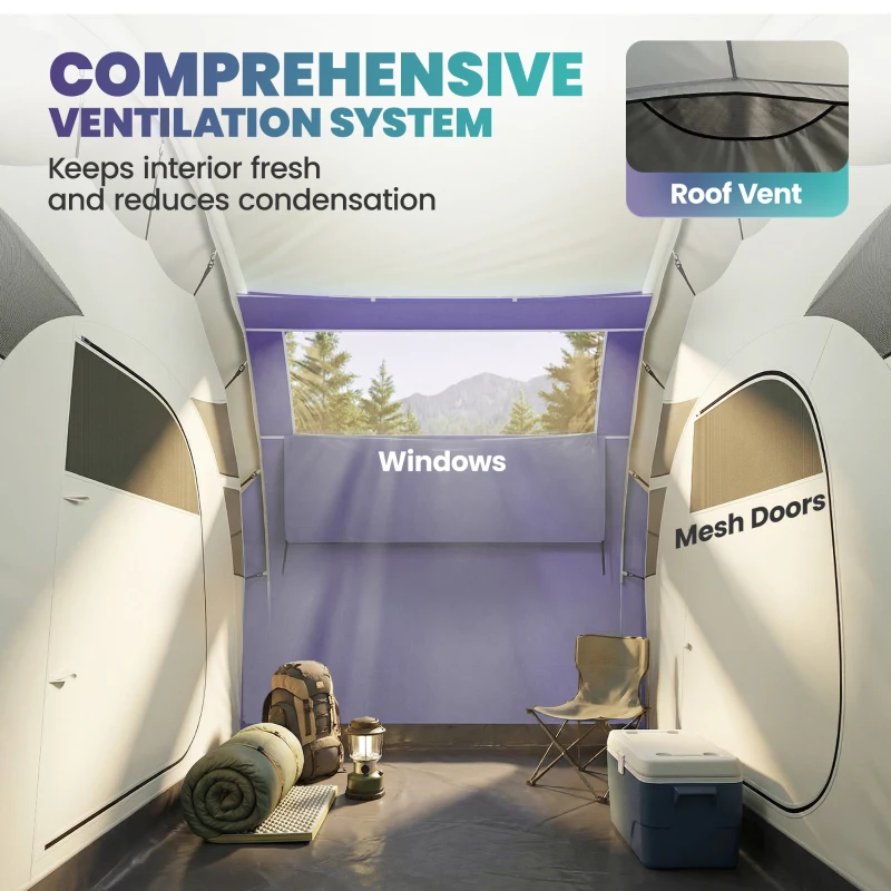 Outsunny Inflatable Tent 2 Bedroom 3000mm Waterproof Windproof Air Tent with Carry Bag for 2-4 Person