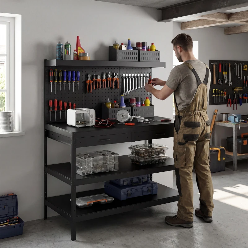 HOMCOM Werkbank met verstelbare planken, robuuste werkstation met perforatiewand en 2 lades, 122 x 61 x 156 cm, Zwart