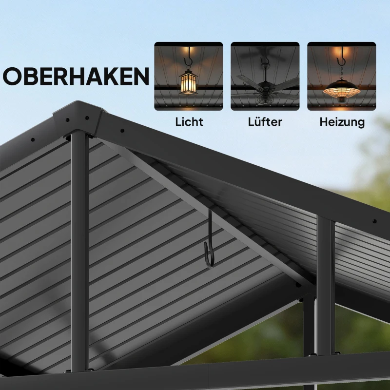 Outsunny Grillpavillon 2,52 x 1,56 m, Wasserdicht Grill Pavillon mit Satteldach Seitenablage Haken Stahlrahmen Schwarz