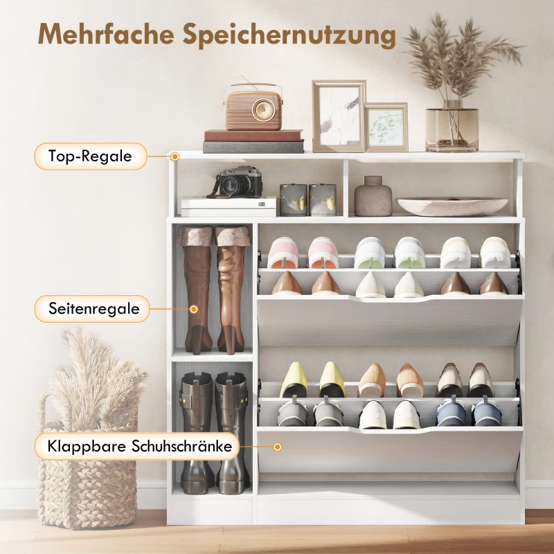 HOMCOM Schuhschrank mit 2 Klappen Schuhkipper mit Verstellbar Trennwand, offenem Fach für 12 Paar Schuhe 89 x 25 x 92 cm Weiß