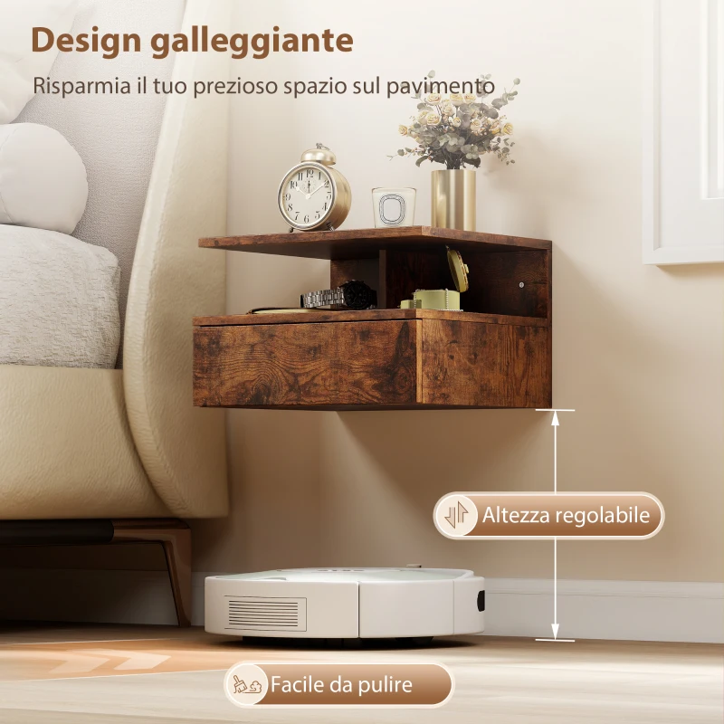 HOMCOM Set di 2 Comodini Sospesi con Cassetto e Mensola Aperta, 35x32x22.5 cm, Marrone Rustico