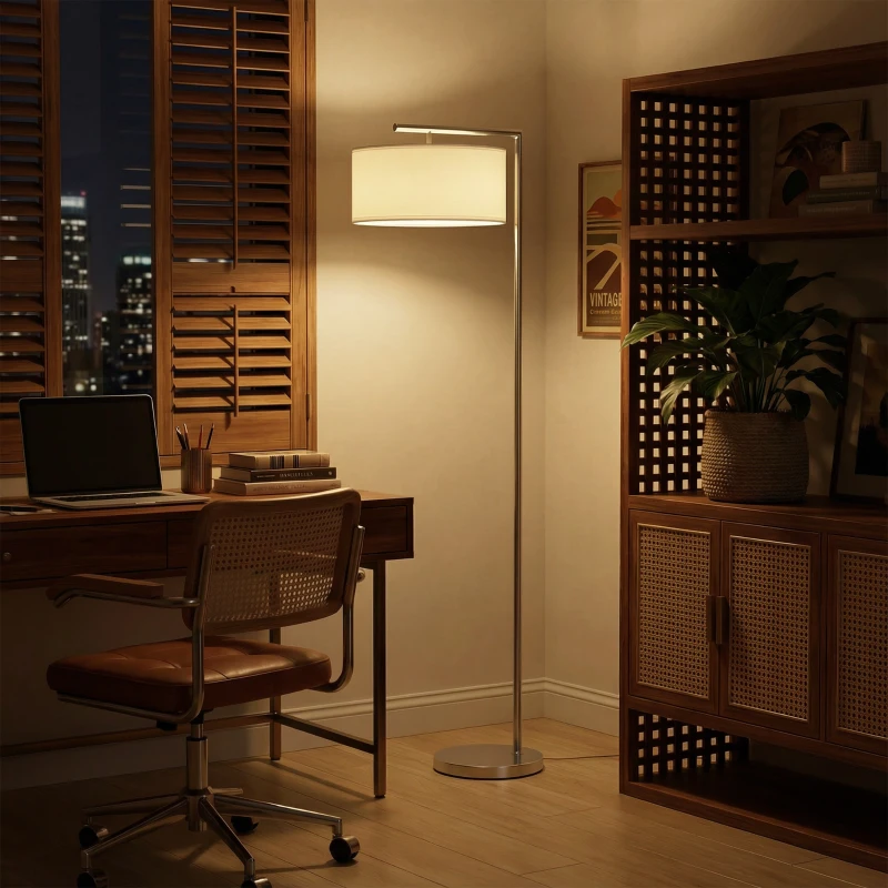 HOMCOM Floor Lamp, Modern Standing Lamp with Linen Lampshade, Round Base for Living Room, Bedroom, Dining Room, 153cm, Silver Tone