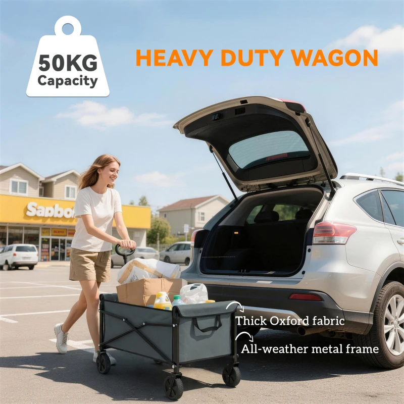 Outsunny 81L Festival Trolley on Wheels, Compact Garden Folding Trolley Cart with Adjustable Handle 80L, Grey