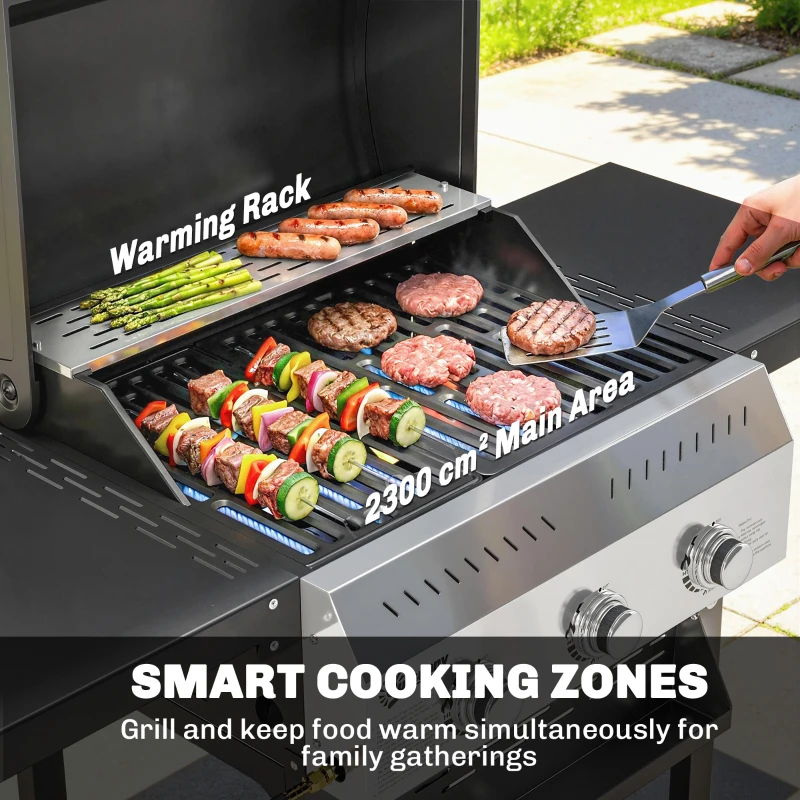 Outsunny Gasbarbecue 9 kW 3 Branders BBQ Grillwagen Roestvrij Staal incl. Uitklapbare Zijtafels Kruidenrek Onderrek 6 Haken