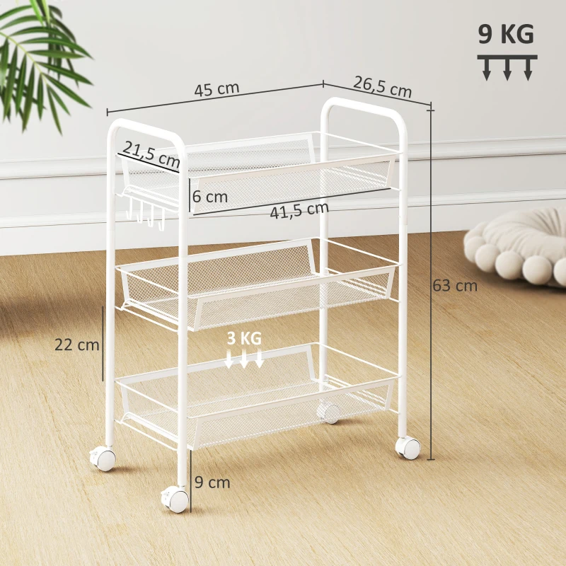 HOMCOM Carrinho de 3 níveis com cestos carrinho com rodas carrinho de arrumação 45 x 26,5 x 63 cm branco