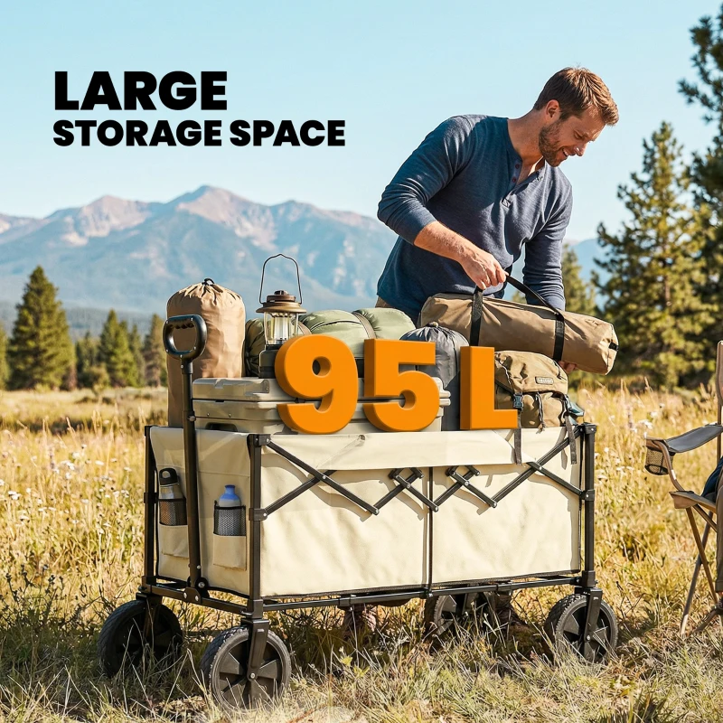 Outsunny 95L Foldable Festival Trolley on Wheels, Collapsible Wagon Cart with Adjustable Handle and 2 Cup Holders, Khaki