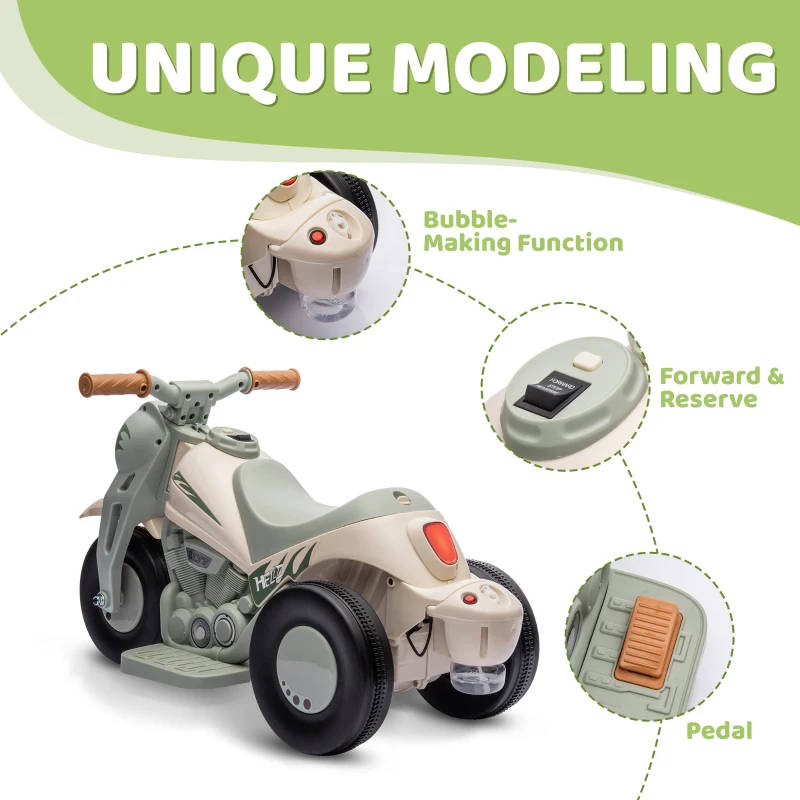 AIYAPLAY Dziecięcy Motocykl Elektryczny, 6V Motocykl dla Dzieci z Muzyką, Bańkami, 2,5-3 km/h, dla Dzieci 2-5 Lat