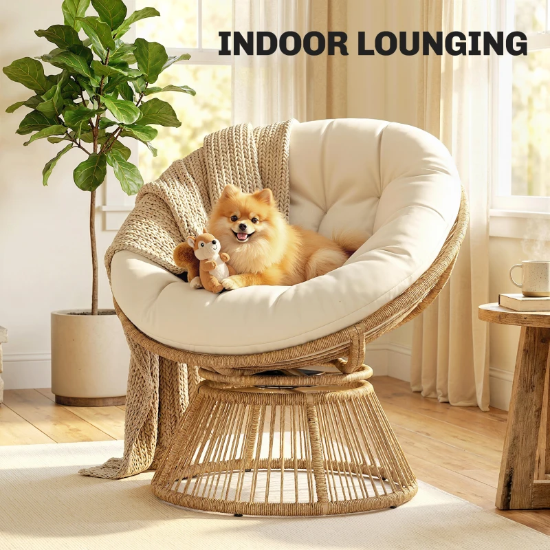 Outsunny Sillón papasan 360° giratorio Sillón de mimbre con cojín Estructura de acero Sillón redondo de ratán Sillón lounge Blanco crema