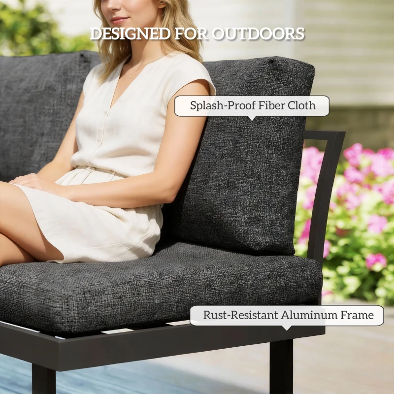 Outsunny 4 Seater L Shaped Aluminium Sectional Garden Furniture Set with 2 Loveseats and Wood-Plastic Coffee Table - Natural Wood