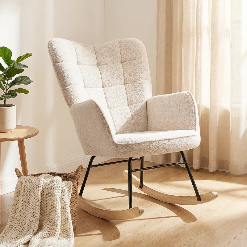 HOMCOM Poltrona Baloiço em Borrego com Oscilação de 40° Pés de Madeira de Faia e Estrutura de Aço 71x98x101 cm Bege