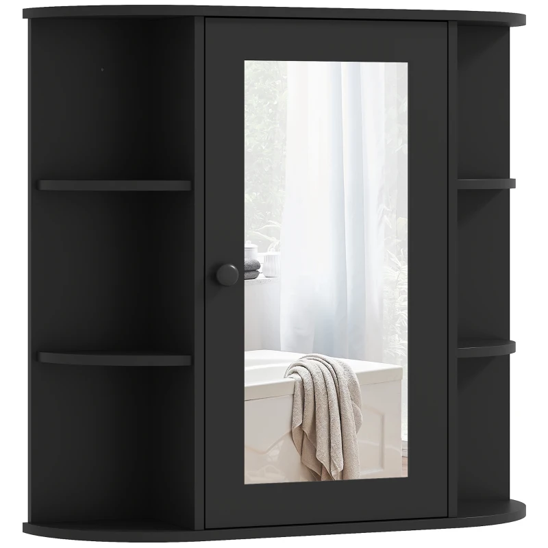 HOMCOM Specchiera Bagno con 6 Ripiani Aperti e 2 Chiusi, in Legno e Vetro, 66x17x63 cm, Nero