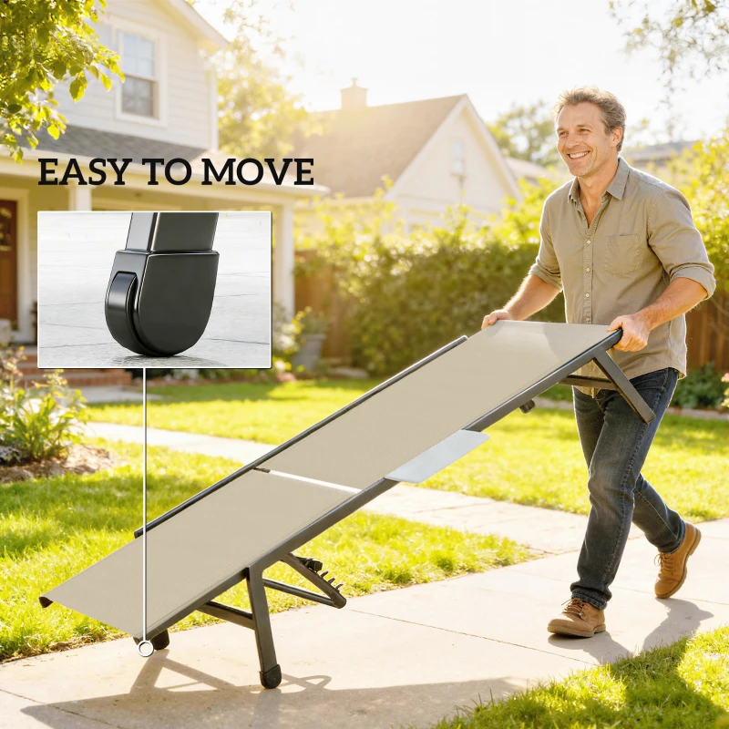 Outsunny Sun Loungers Set of 2 with Side Tray Table, Garden Recliners with 5-Position Adjustable Backrest, 2 Wheels, Khaki