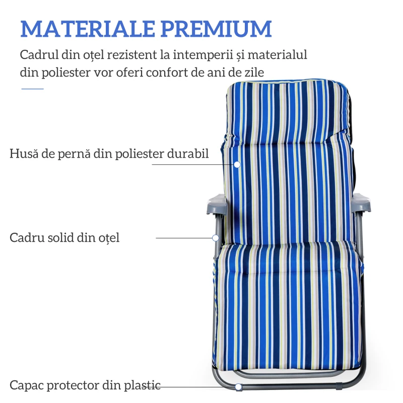 Outsunny Set de 2 Șezlonguri de Grădină Pliabile, Șezlonguri cu Spătar Reglabil pe 5 Nivele, Perne, Cotiere, din Oțel și Poliester, pentru Exterior, Terasă, Albastru și Crem