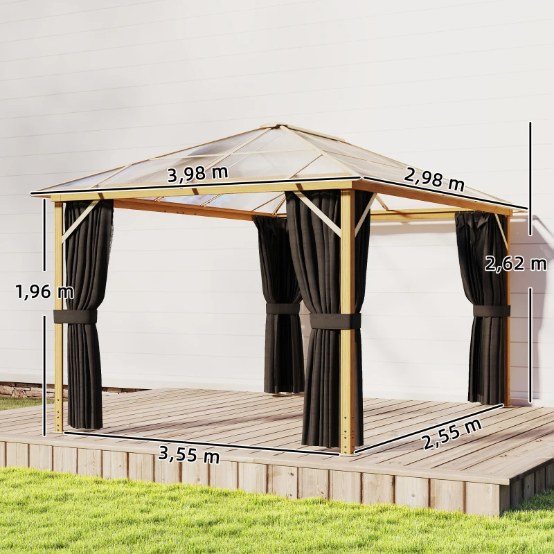 Outsunny Gartenpavillon ca. 4x3m Aluminium Pavillon mit Polycarbonat-Dach 6 mm Moskitonetz 4 Seitenteile Holzoptik Naturholz