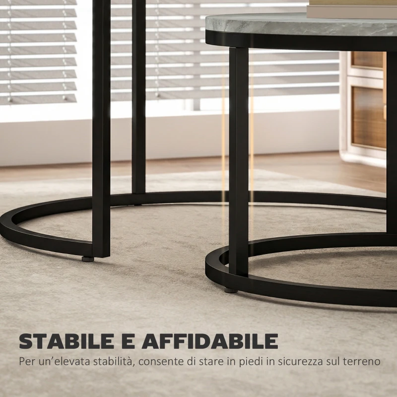 HOMCOM Set 2 Tavolini da Salotto Rotondi con Piano Effetto Marmo, in Legno e Metallo, Grigio Marmo