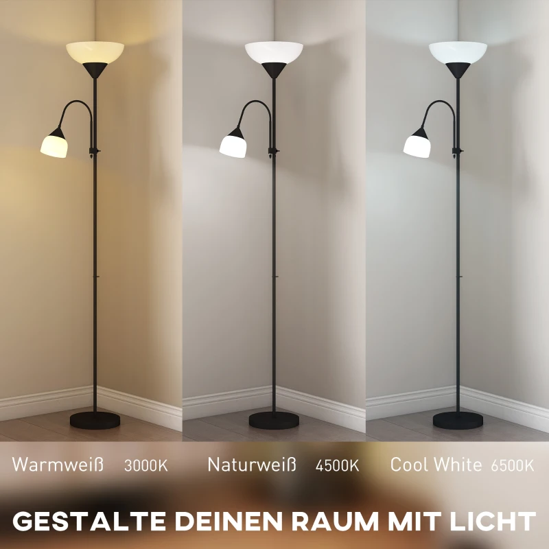 HOMCOM Uplighter, moeder-en-kind staande lamp, hoge lamp met 3 kleurtemperaturen en flexibele zwanenhals, zwart